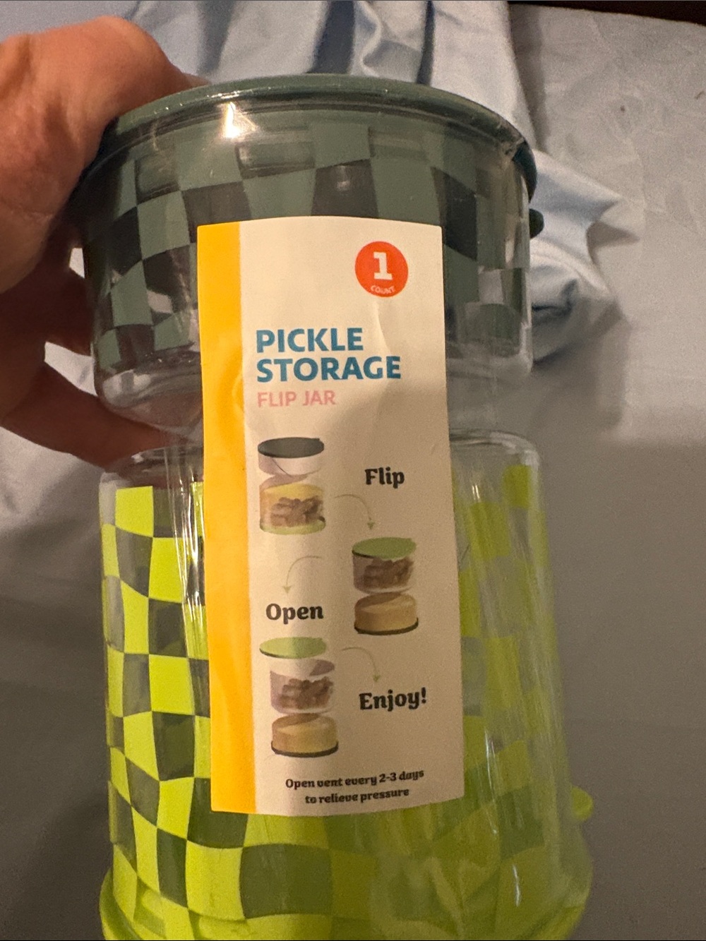Flip-Top Pickle Storage Jar — Green Check Pattern